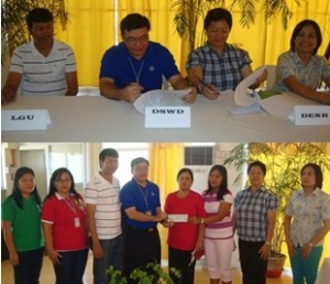 (Upper Photo) DSWD - FO1 headed by Dir. Marcelo Nicomedes J. Castillo (2nd from left) and DENR OIC Regional Technical Director Barbara Pernia (3rd from left) officially signs the MOA for the implementation of the Sustainable Livelihood and Environment for DSWD disadvantaged clients with witnesses Mabini, Pangasinan Mayor Carlitos Reyes (leftmost) and PENRO Provincial Officer Ledwina Co (rightmost). (Lower Photo) The awarding of the capital assistance to Villacorta Green Thumb SKA.