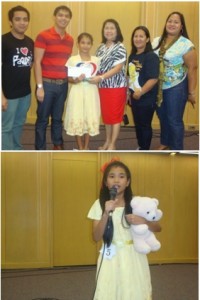 (Upper Photo) Caila Jean Munar (3rd from left) accepts her 6th place award during the Search for Exemplary Pantawid Pamilya Children National Awarding at the PICC. (Lower photo) Caila Munar showcasing her talent in declamation adjudged by her co participants in the National Children's Congress.